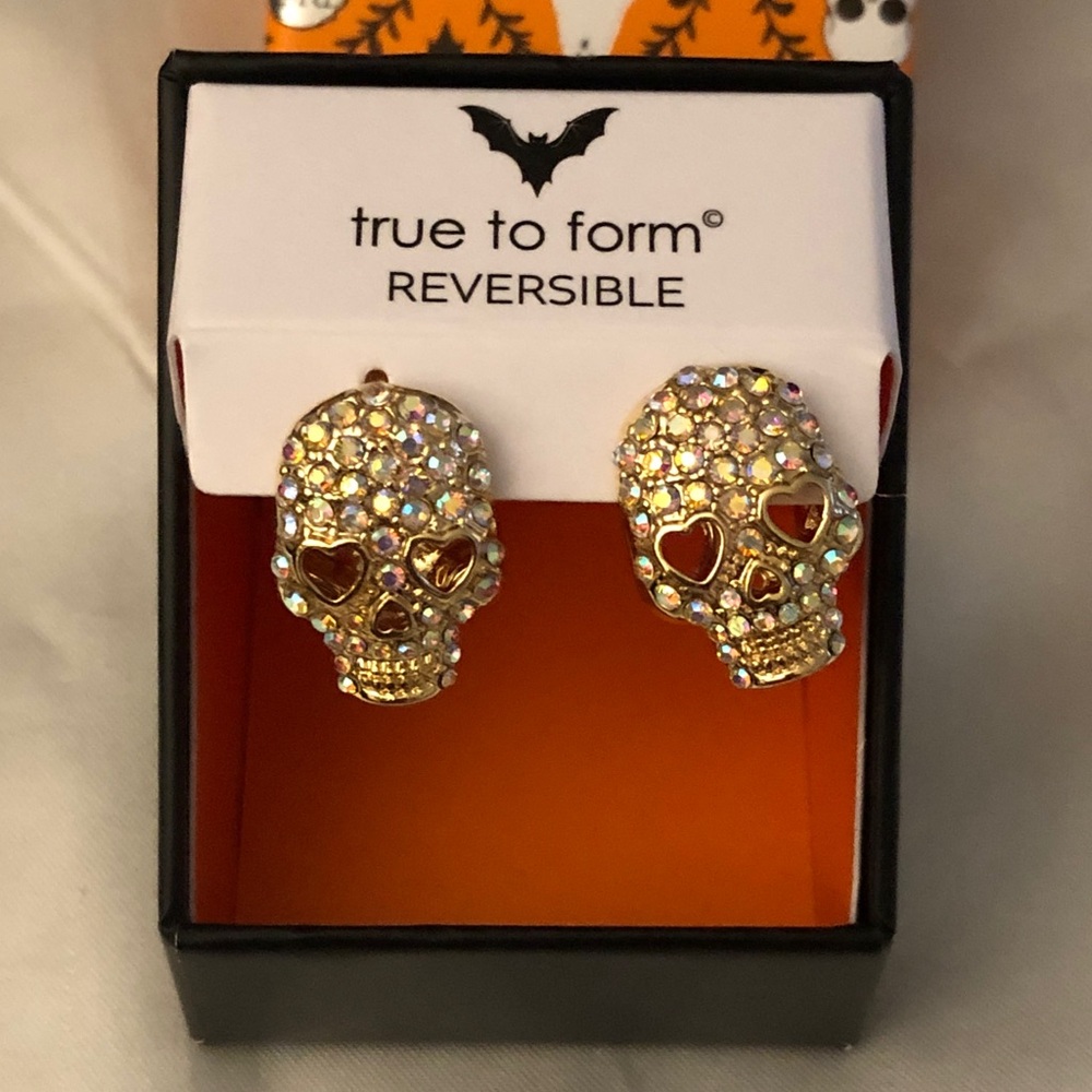 True To Form Gold Tone Reversible Crystal Skull Front Back Drop Earrings NIB